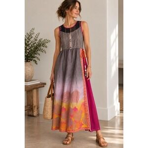Anora Boho Floral Ombre Maxi Dress Lace Sheer Y2K Festival Whimsigoth Pink M